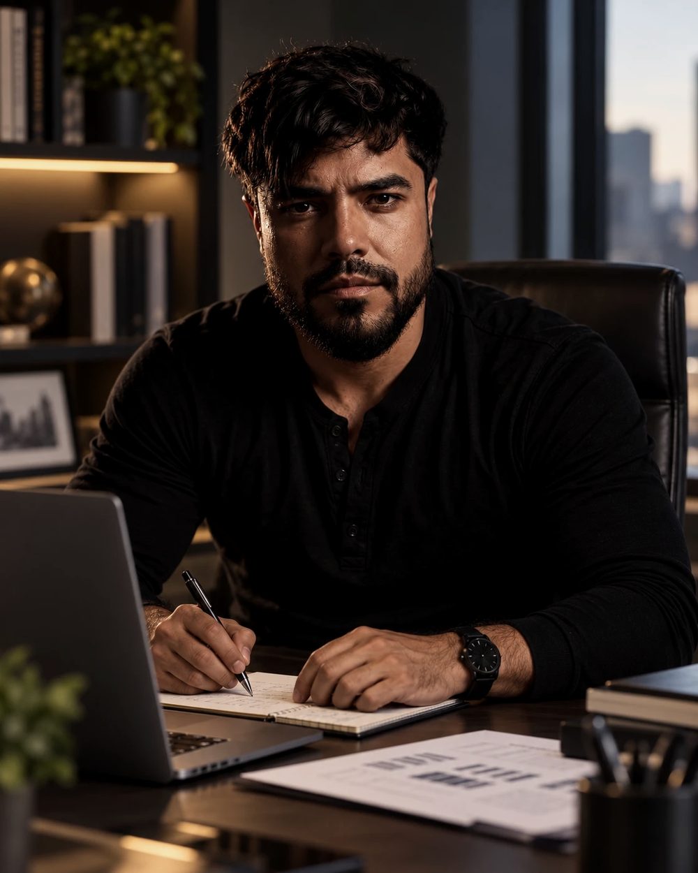 Marcos Silveira sentado à mesa de trabalho, escrevendo em um caderno